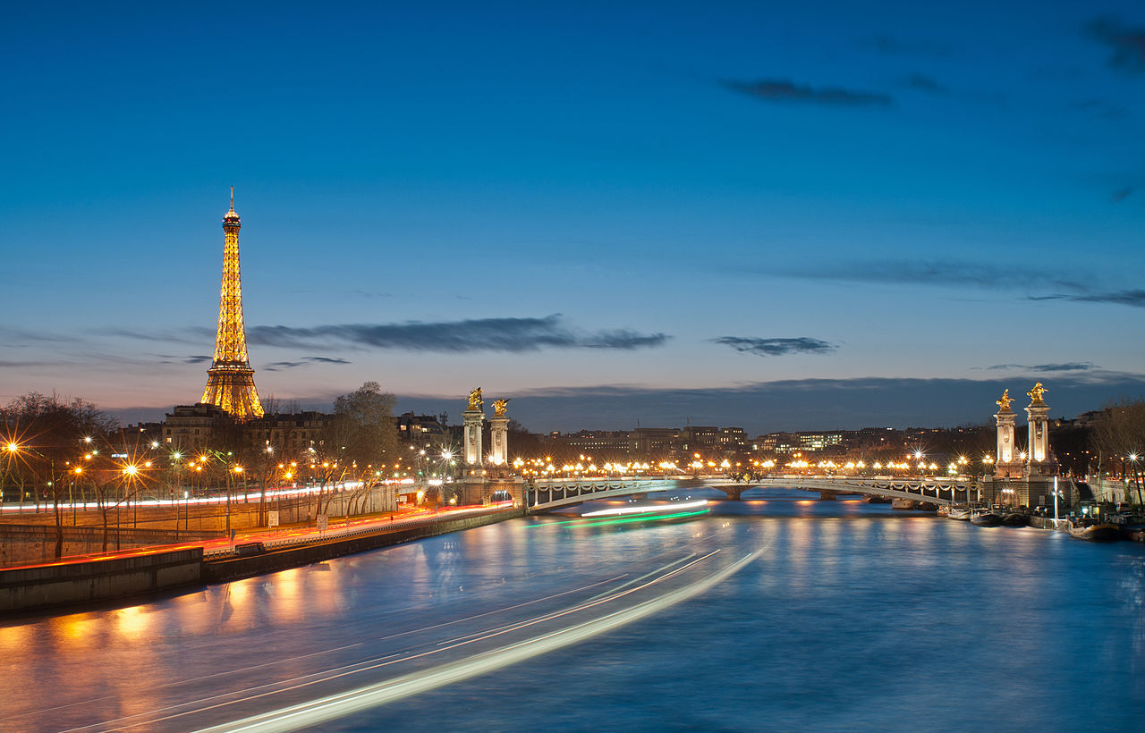 Eiffel Tower and Pont Alexandre III at night