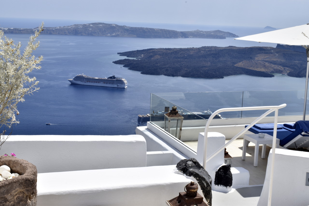 Iconic Santorini: view of volcano from terrace